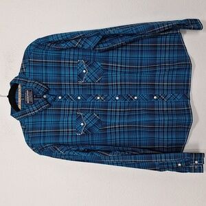 Rough Stock Blue Black Plaid Panhandle Slim Pearl Snap Button Down Shirt Sz XXL